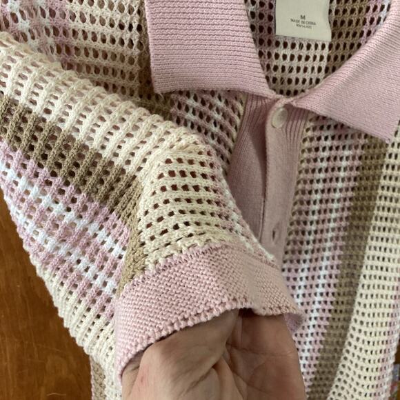 Massive Luxury Crochet Knit Polo Shirt Sz M New Pink White Brown Button Closure - Picture 4 of 10